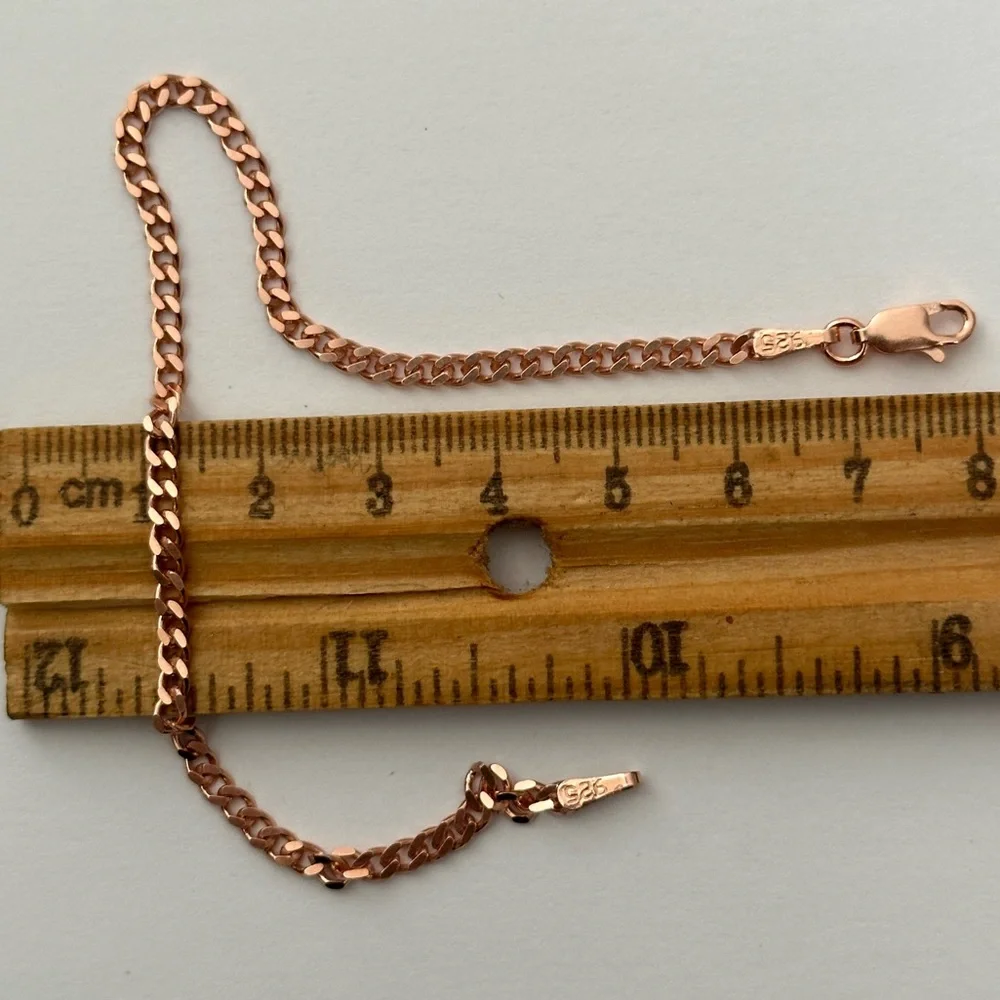 925 Silver 3mm 8” bracelet cuban chain 14k rose gold plated unisex